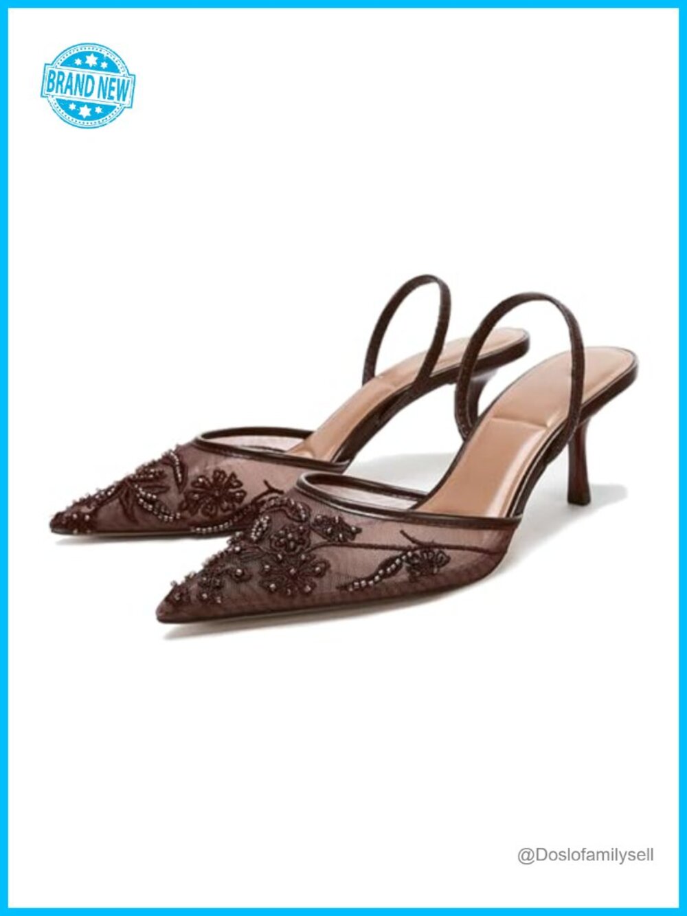 Mesh Embroidered Slingback Kitten Heels with Beads